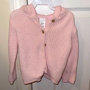 Hooded pink knitted sweater. 12 Months.